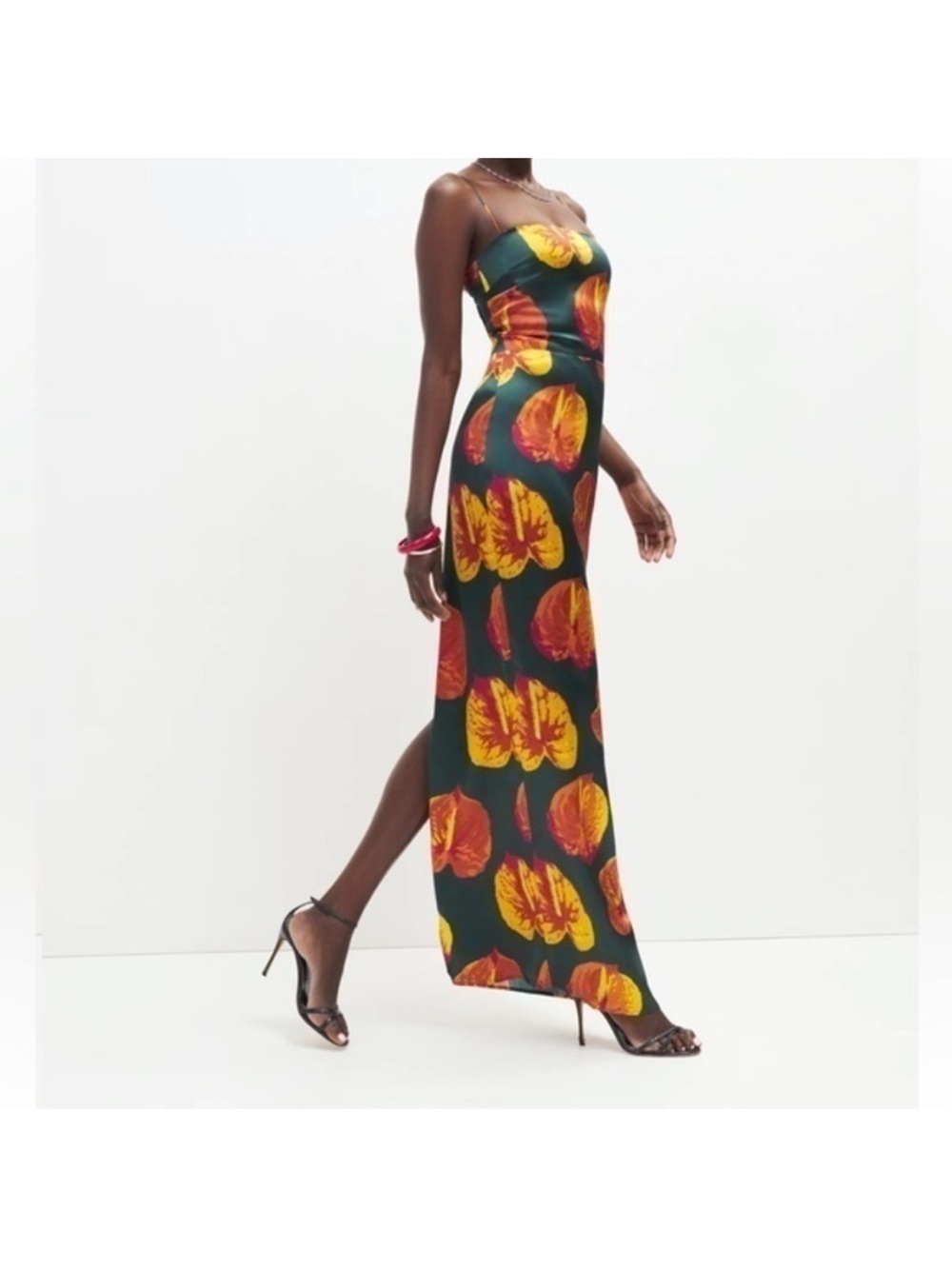 Reformation Teal Maxi Dress with Orange and Yellow Floral Print